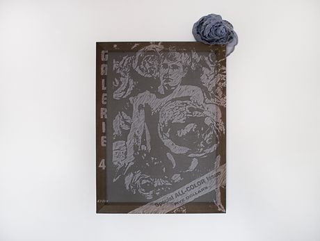 Woodcut with blank ink on blue organza in six panels with flowers on the top right.
