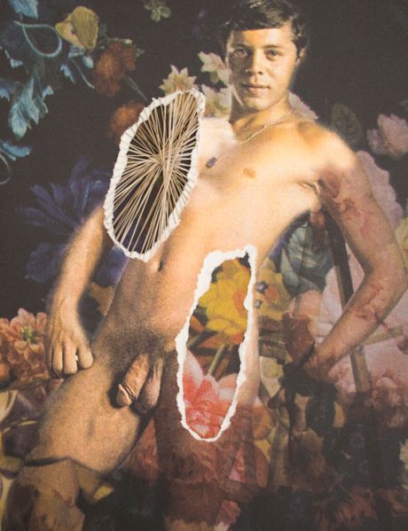 Print and torn paper of gay pornographic image with stitching.