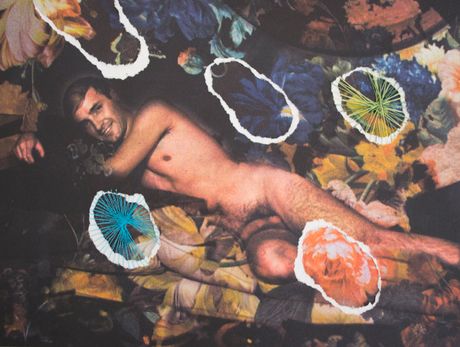 Print and torn paper of gay pornographic image with stitching.
