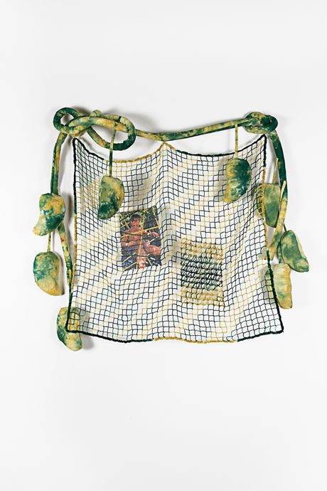 A wall art sculpture with filet lace components framed with soft sculpture cording and mangoes. The color of the sculpture is a mix of yellow and green. Within the filet lace is an embedded gay pornographic image using a sublimation dye technique.