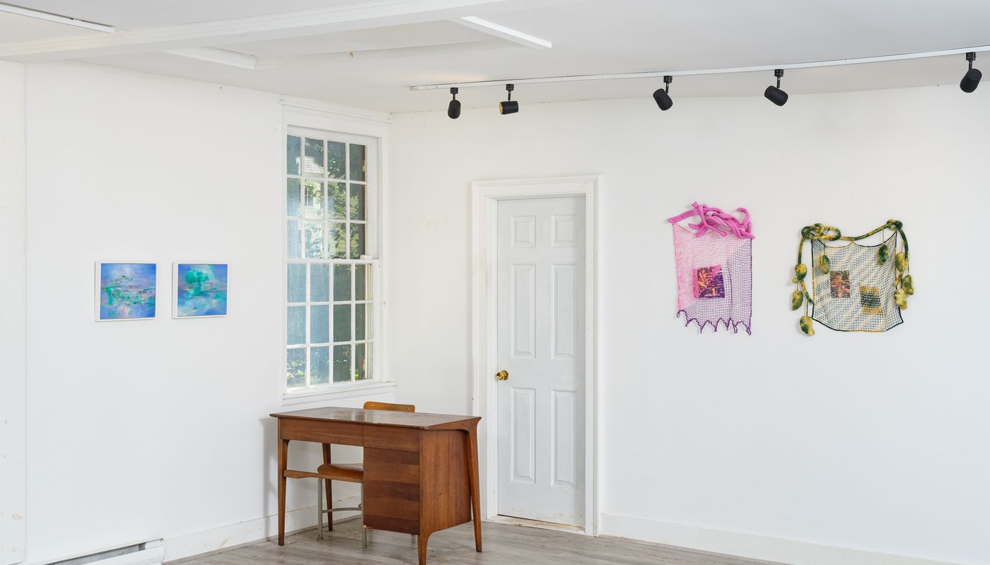 Installation shot at Bill Arning Exhibitions of two wall soft sculptures with filet lace and netting elements.