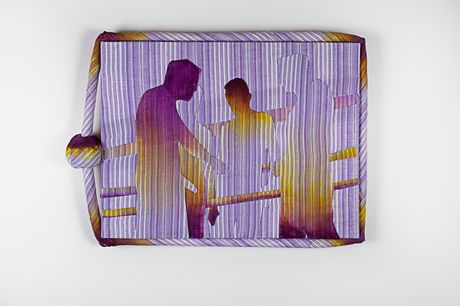 Striped wall piece in purple composed using needle appliqué and dye in purples and yellow framed with striped rope and a soft ball gag.