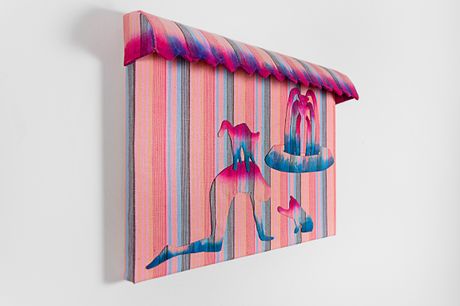 Striped wall piece in pink, cyan, and yellow tones composed using needle appliqué and dye in magenta and teal framed with an awning on top.