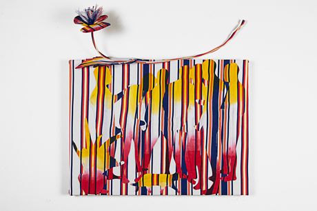 Striped wall piece in blue, yellow, red , and white composed using needle appliqué and dye in red and yellow with striped poppy flower.