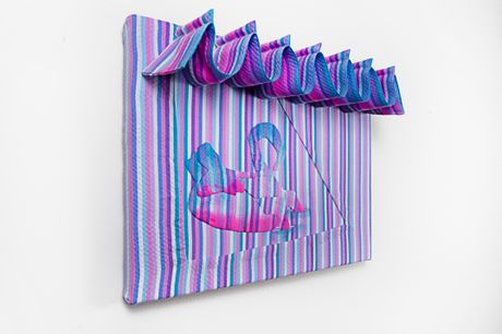 Striped wall piece in blue, pink, purple, turquoise, and white composed using needle appliqué and dye in pink and turquoise with pergola awning.